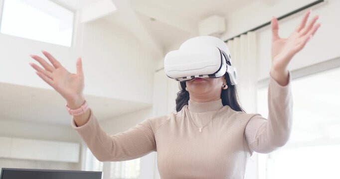 Diverse female friends, VR-wearing woman gesturing in home while friend offering devices to join