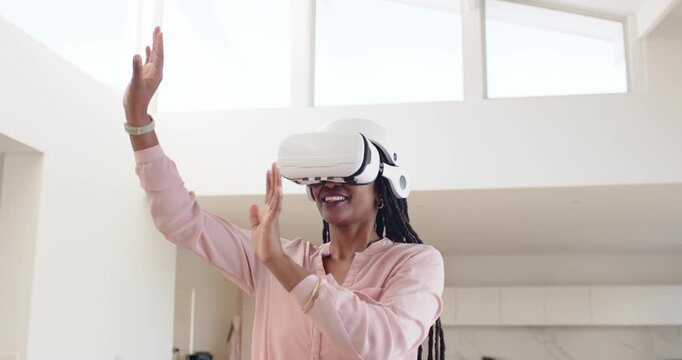 After cue adult African woman wearing white headset reaching pinching choosing VR items in kitchen