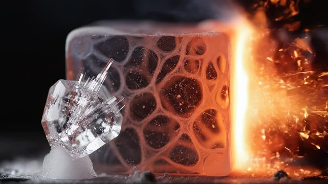 Ice cube with porous structure and fire perfect for UI/UX elements and digital motion graphics