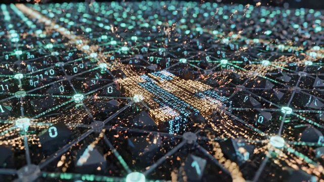 Digital network with glowing nodes and data flow ideal for tech startups and software commercial themes