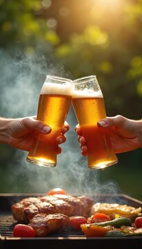 Friends toast beer glasses at outdoor grill party. Meat and vegetables cook on barbecue. Summer smoke rises in warm sunlight. Enjoying food and drinks, casual gathering.