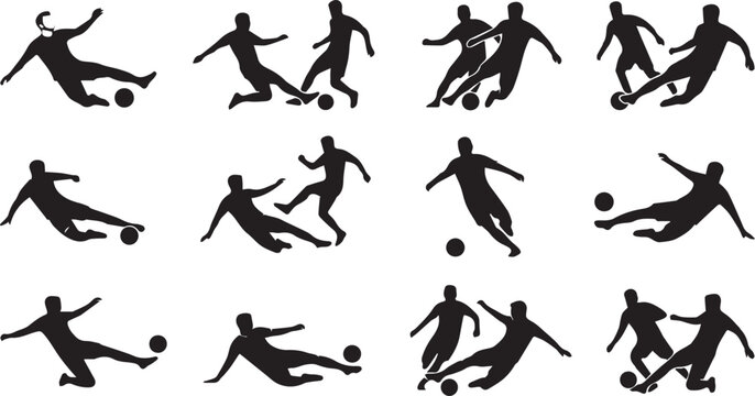 Soccer sliding tackle silhouette icon set, black vector football player defense and intercept collection, dynamic match confrontation and foul action poses on a transparent grid background