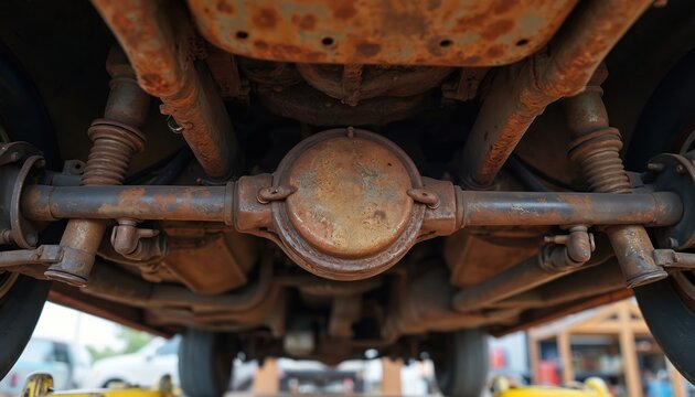 Close up under old car chassis shows rusty differential axle and suspension parts. Aged auto metal shows severe corrosion and wear. Vehicle needs repair and maintenance.