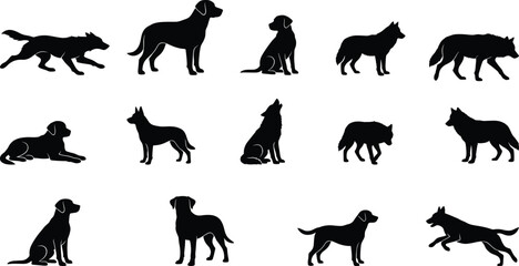 Fototapeta premium Dog and Wolf Silhouette Collection Featuring Domestic Dogs Wild Wolves and Canine Animal Poses