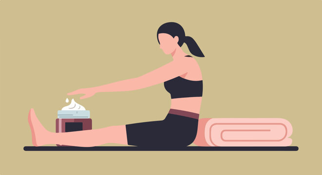 A flat illustration of a woman in workout gear sitting on a mat, reaching for a jar of cream or moisturizer.