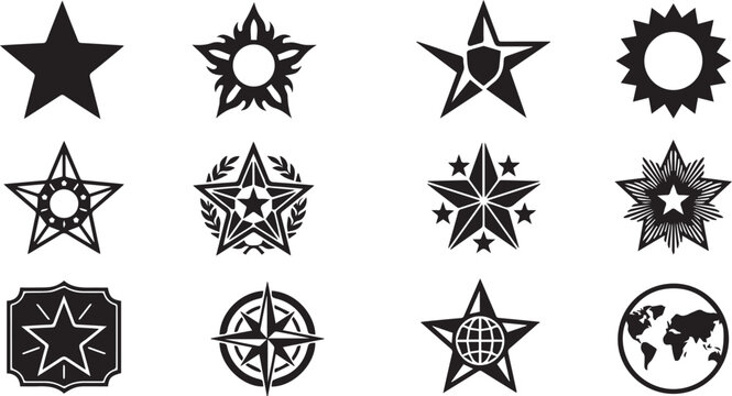 Star badge and award icon set, black silhouette vector medals collection, premium quality and military rank symbols on a transparent grid background