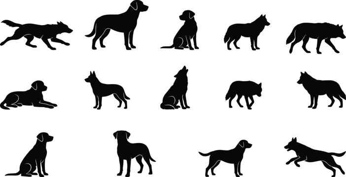 Dog and Wolf Silhouette Collection Featuring Domestic Dogs Wild Wolves and Canine Animal Poses