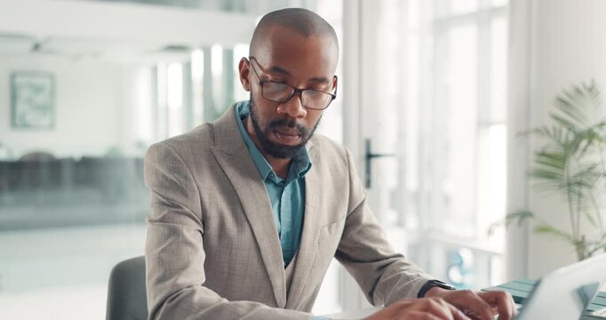 Reading, paperwork and employee with laptop, office and typing financial report on website or online. Serious, accountant and black person with document, review and info for business records or tech