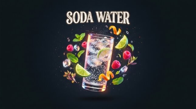 Refreshing Soda Water Beverage with Berries, Lime, and Mint on Black Background.