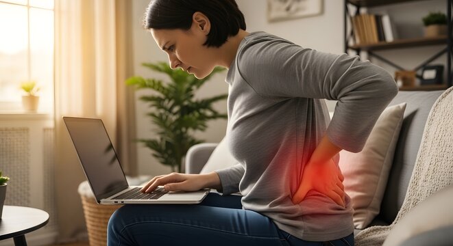 Woman suffering from lower back pain while working on laptop at home, symbolizing discomfort from poor posture and sedentary work.