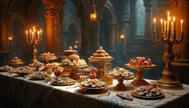 Grand buffet table overflows with rich desserts and pastries in ornate golden stands. Candles glow in antique candelabras. Opulent feast setup for royal celebration or fantasy banquet.