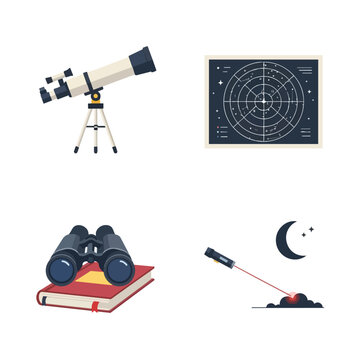 Set of astronomy and stargazing icons including telescope star map binoculars book and laser pointer for space observation