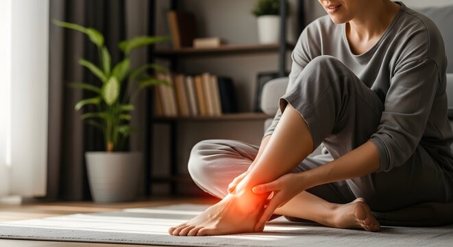 Woman suffering from acute ankle pain, touching her injured foot with a red glow, indicating discomfort or inflammation.