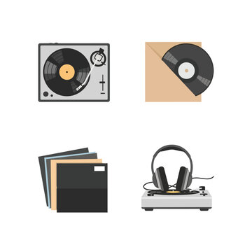 Retro Vinyl Music Collection with Turntable Record Player Headphones and Album Sleeves Illustration