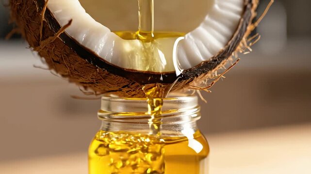 Pure organic coconut oil pouring from fresh nut into glass jar