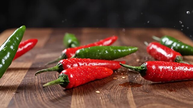 Fresh Red and Green Chili Peppers on a Wooden Cutting Board.