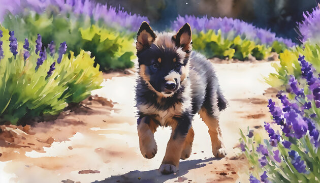 Wolf puppy, dark fured at lavender adventure