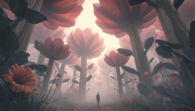 surreal giant flowers landscape with tiny human walking, fantasy botanical world, imaginative nature background for creative projects