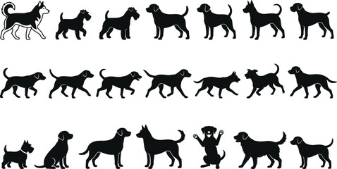 Fototapeta premium Dog Breed Silhouette Collection Featuring Domestic Canines in Standing Walking Sitting and Playful Poses