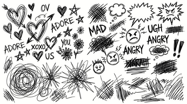Hand drawn doodle comic emotion expressions and love symbols