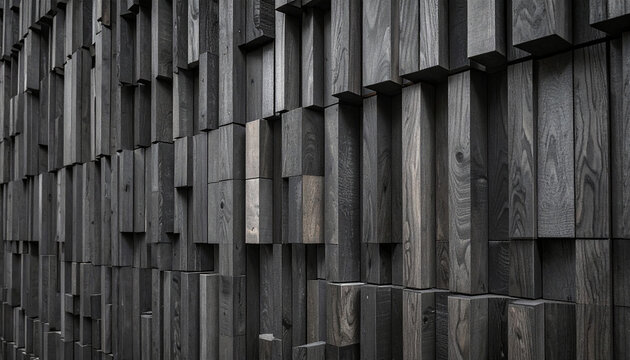 Dark Wood Texture: A detailed close-up of a dark wooden wall composed of numerous vertical rectangular planks of varying depths, creating a visually striking geometric pattern.