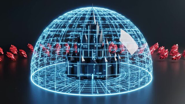 Futuristic castle with red creatures ideal for tech startups and software commercial themes