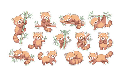 Cute Hand Drawn Red Panda Sticker Set, Adorable Fluffy Red Panda Climbing Bamboo and Eating Apple, Playful Red Panda Doodles Sleeping on Tree Branch © Ghirza