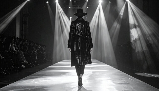 Catwalk Confidence: A solitary figure clad in a stylish hat and long coat struts down a brightly lit runway, commanding attention under dramatic spotlights, exuding an aura of sophisticated fashion.