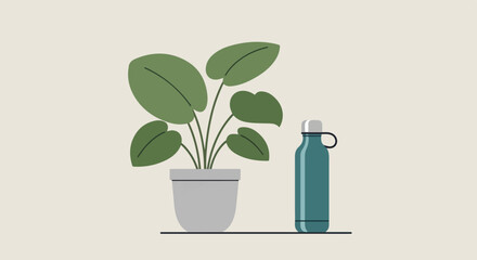 Obraz premium An illustration of a potted plant with large green leaves standing next to a teal reusable water bottle on a light beige background.