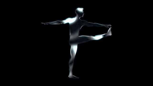 Silver metallic man standing on one foot holding toes balancing silhouette. Alpha channel. Seamless loop video.
