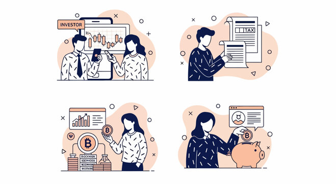 Financial growth management illustrations including tax documents bitcoin investment charts and savings for business people