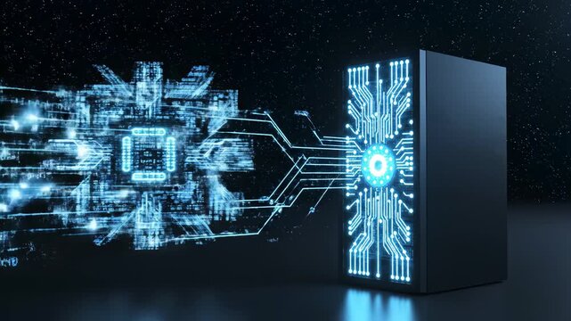 Server with glowing digital data flow representing smart infrastructure and data-driven solutions