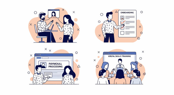 Modern human resources management set including employee onboarding training payroll and digital recruitment interview illustrations