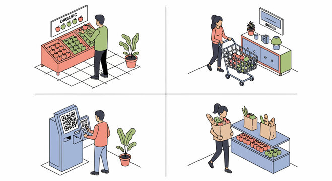 People shopping for organic grocery food using cart and scan QR code payment at a modern retail store