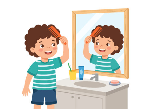 Simple flat vector illustration of child combing hair in front of mirror showing personal care habits and healthy daily routine education