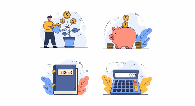 Save coin set man water tree pig bank book calc fund plan fit aid icon