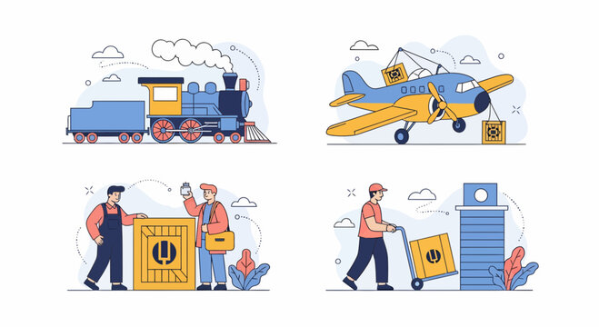 Vintage cargo transport set featuring old train plane and workers delivering packages at the logistics hub station