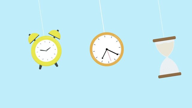 clock alarm and hourglass swing. Time countdown and deadline