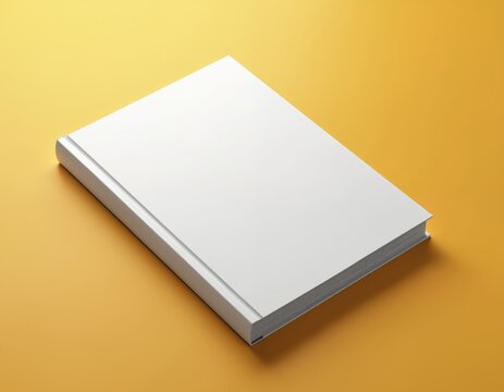 Blank white book cover rests on mustard background. Ready for custom design, illustration, text. Ideal for book mockups, author presentations, graphic design projects. Clean layout for publishers.