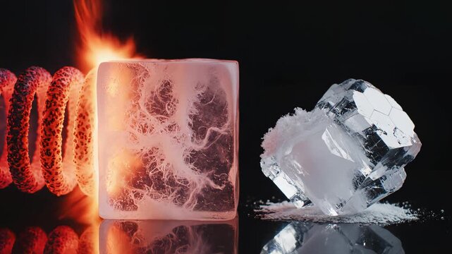 Ice blocks and fire on dark surface perfect for wellness retreats and nature documentaries