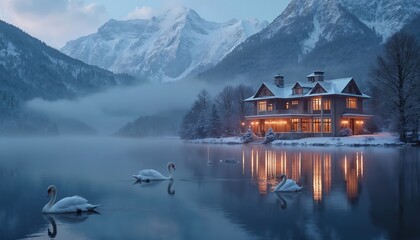 Obraz premium Serene winter dawn at lake with snowy mountains. Swans glide on calm water near a lit lakeside mansion with snow-covered trees. Mist hovers over water reflecting house lights.