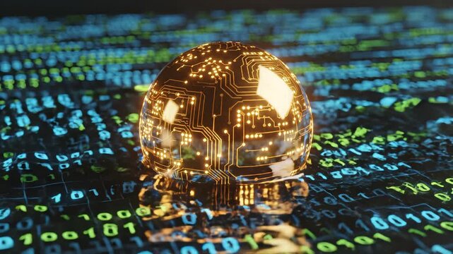 Globe with circuit board design on binary code emphasizing futuristic concepts and connectivity