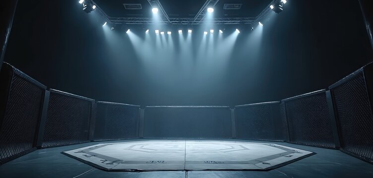 Empty MMA octagon cage lit by spotlights. Arena metal fence walls, octagonal floor. Ready for fight combat sport event. Intense atmosphere for martial arts match. Pro training championship.