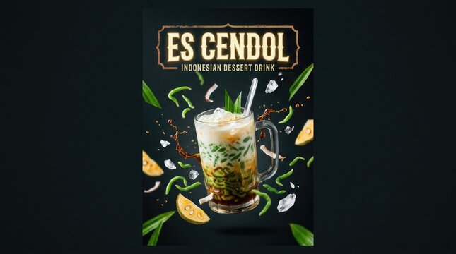 Refreshing Indonesian Cendol Drink with Coconut Milk and Palm Sugar.