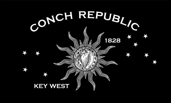 Key West Florida micronation flag in monochrome silhouette style. Conch Republic flag black and white vector illustration