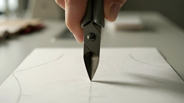 Close-up of Hand Using Wire Cutters to Score or Cut Pattern on Paper