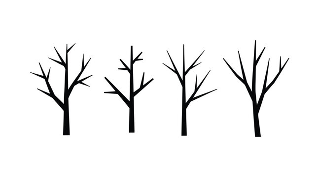 Set of four black silhouettes of bare winter trees with thin branches isolated on white background, silhouette