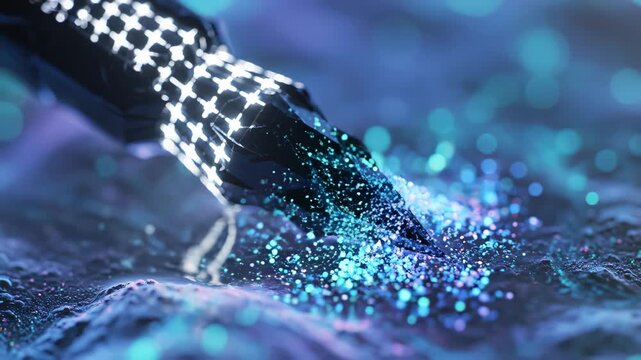 Closeup of a stylized pen tip with glowing particles perfect for UI/UX elements and digital motion graphics