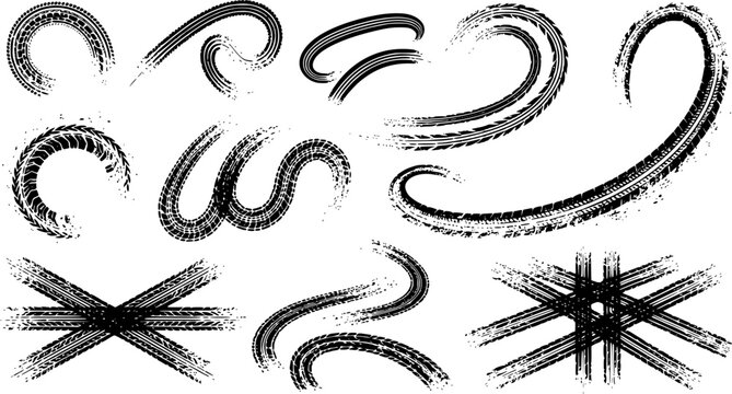 Tire tread marks after skidding, launch, drift, powerslide in motorsport, rally, off-road, motocross. Wheel texture with splash effect. Vector, transparent background EPS version.