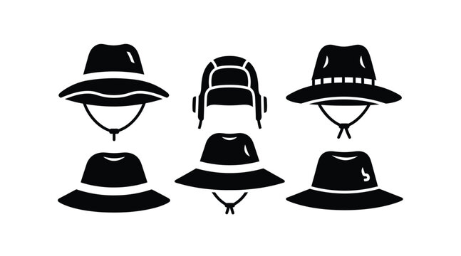 Diverse set of outdoor hat silhouettes including safari winter trapper and fishing hat designs with bucket